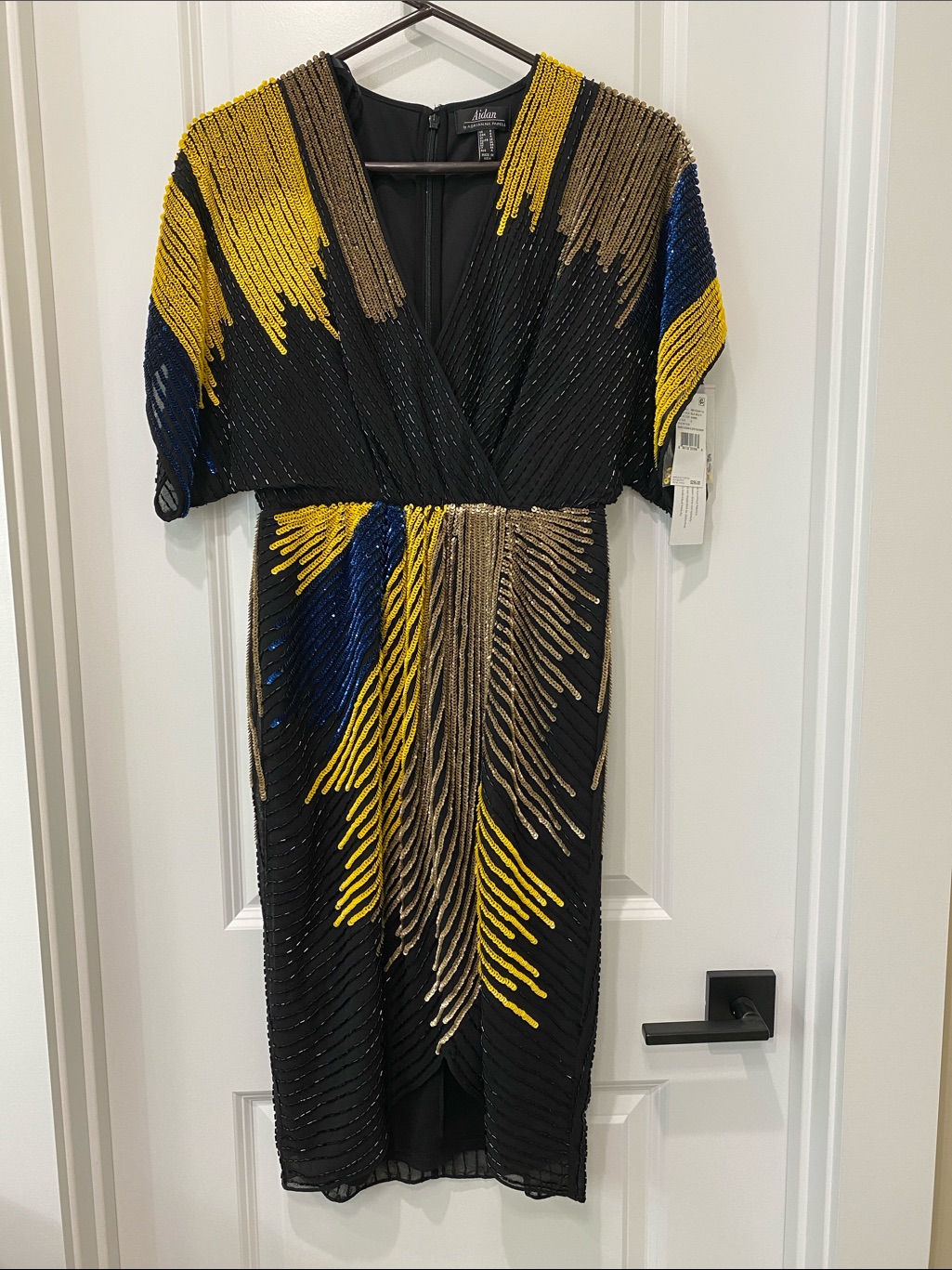 Nwt Adrianna Papell Black Multi Beaded Dolman Sleeve Faux Wrap Dress Sz 0